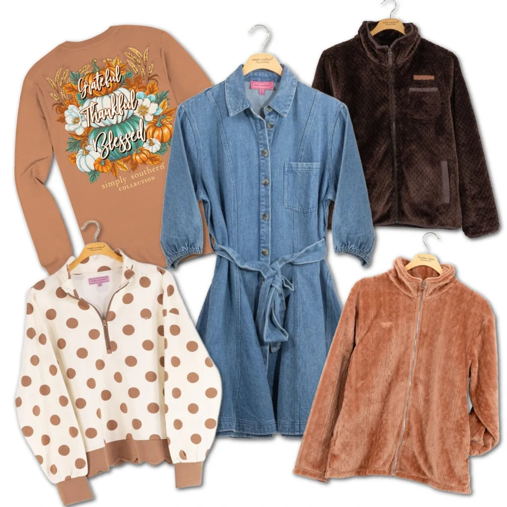 Fall women's clothing collection featuring Simply Southern Grateful Thankful Blessed sweatshirt, denim shirt dress, polka dot half-zip pullover, and cozy fleece zip-up jackets in warm autumn tones