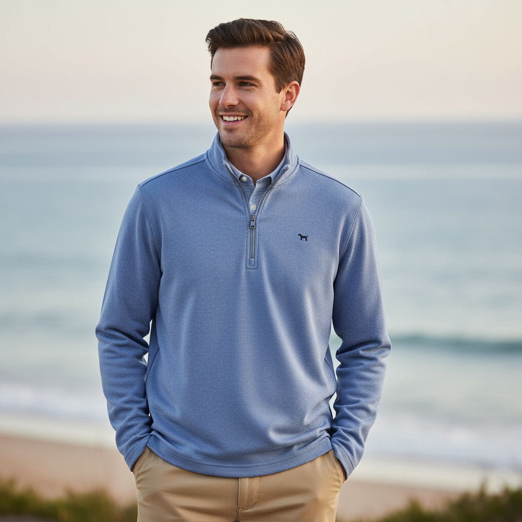 Man wearing light blue quarter-zip pullover with khaki pants in coastal outdoor setting
