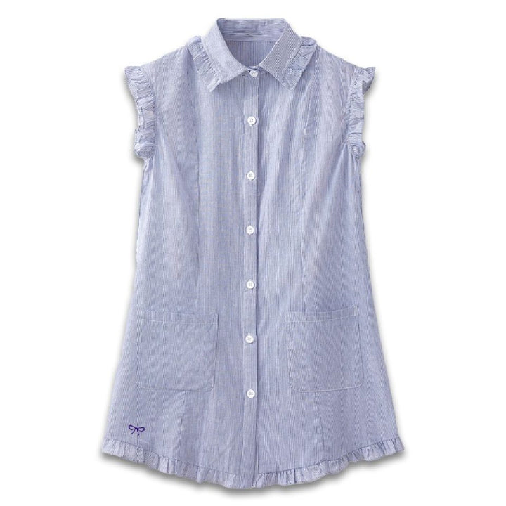 Simply Southern light blue pinstripe button-front shirt dress with ruffle sleeves and collar