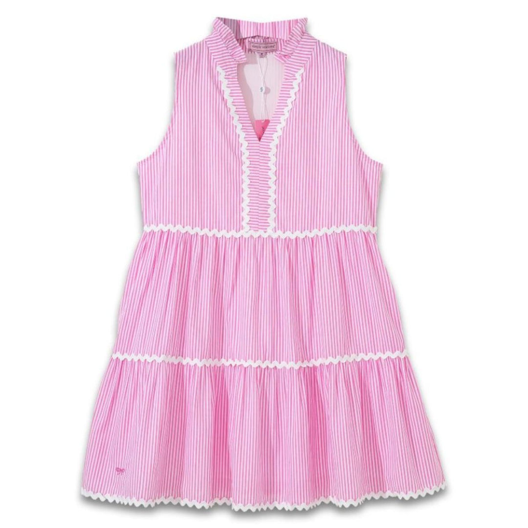 Simply Southern pink preppy dress with white pinstripe pattern, v-neck ruffle detail, and tiered skirt with ric rac trim