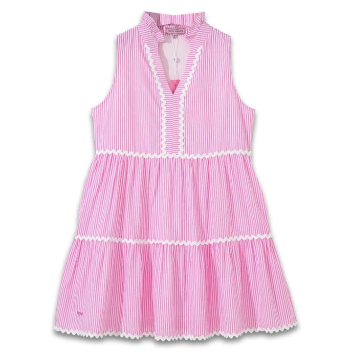 Simply Southern pink preppy dress with white pinstripe pattern, v-neck ruffle detail, and tiered skirt with ric rac trim