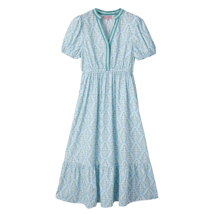 Simply Southern blue and mint floral maxi dress with Y-neckline, puff sleeves, and gathered waist