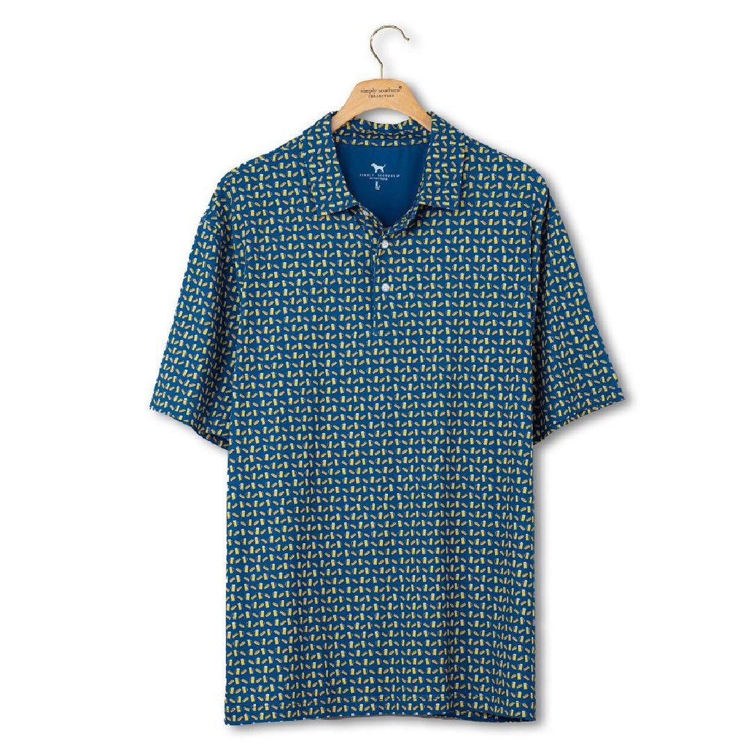 Simply Southern men's polo shirt in navy showing beer and hot dog print for backyard BBQs
