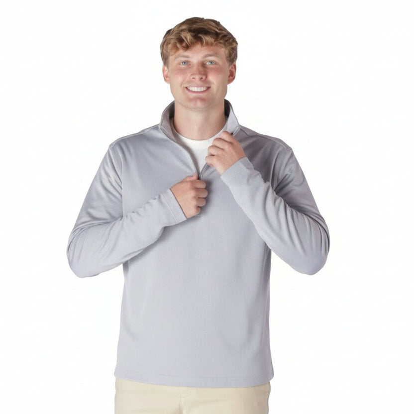 Man wearing a Simply Southern quarter zip light grey pullover