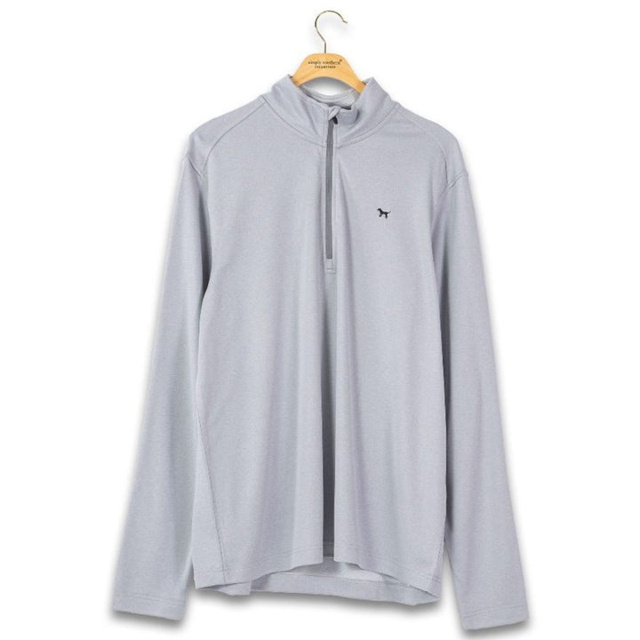 Light gray long-sleeve quarter zip pullover with a small logo on a hanger against a white background