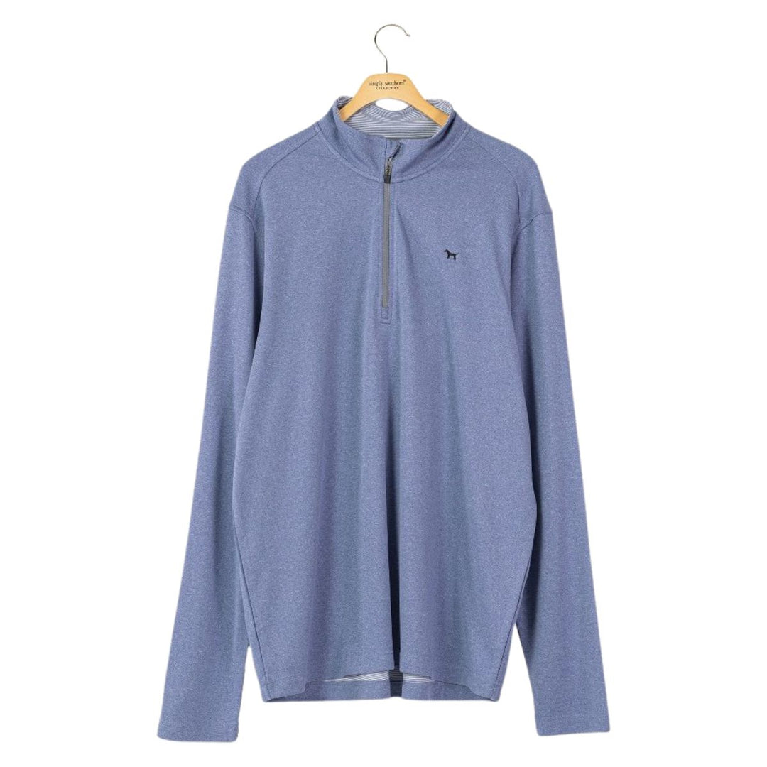 Blue long-sleeve pullover with a quarter zip on a hanger against a white background