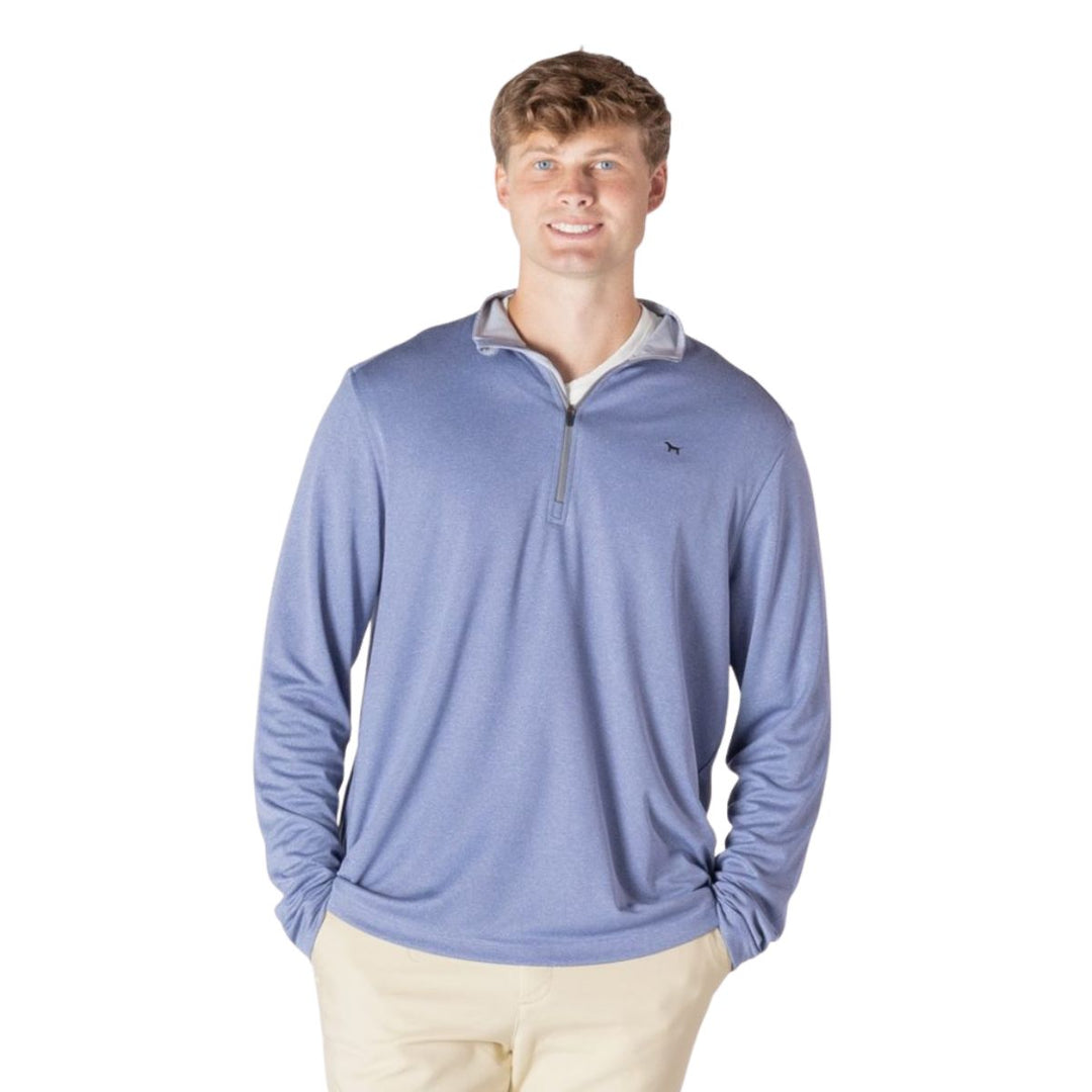 Man wearing a blue Simply Southern quarter zip pullover on a white background