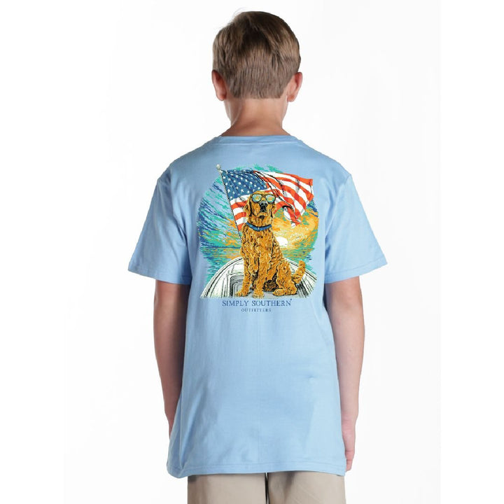 Youth boy wearing American flag shirt light blue golden retriever patriotic tee Simply Southern back view