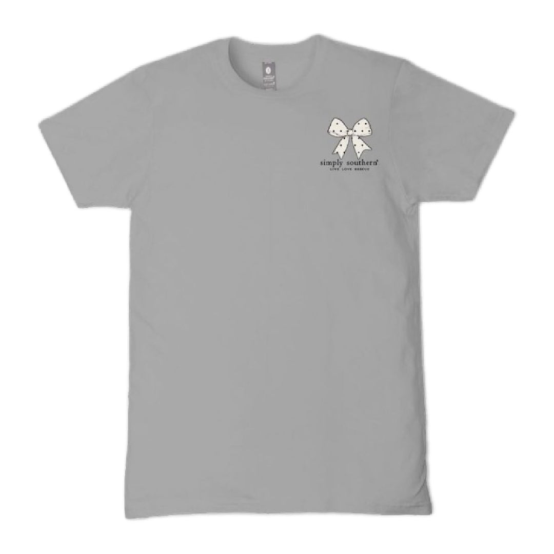Front view gray girls graphic tee with Simply Southern bow logo youth dog lover shirt