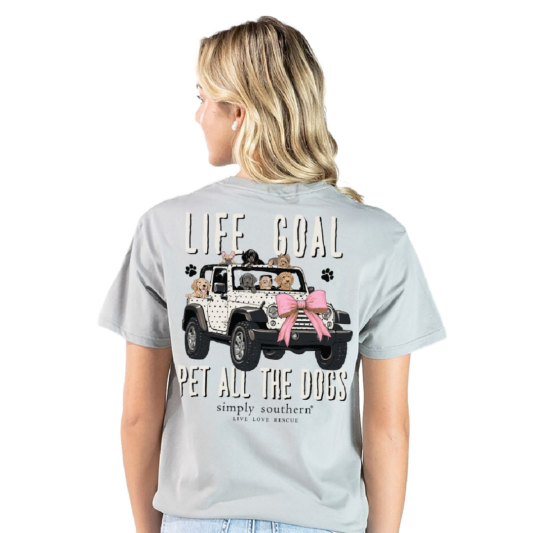 Woman wearing gray dog mom shirt showing Life Goal Pet All The Dogs Jeep graphic back view