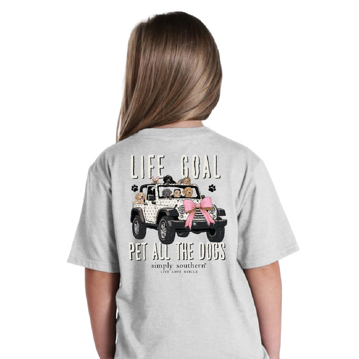 Girl wearing gray dog lover shirt youth tee with Pet All The Dogs Jeep graphic back view