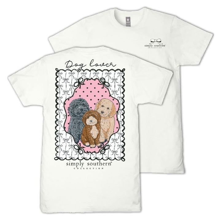Simply Southern white tee with trio of doodle dogs graphic