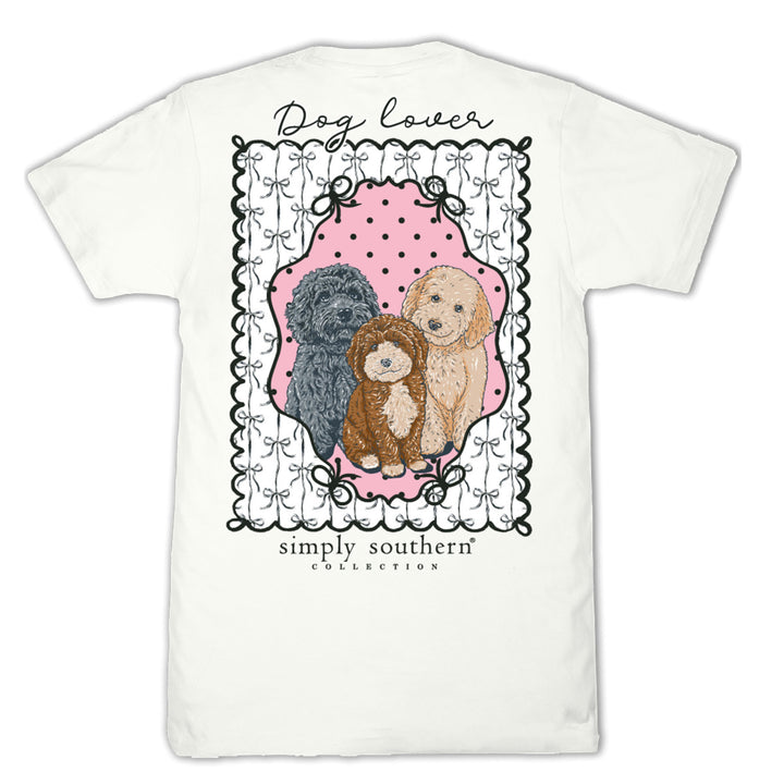 Back view dog lover shirt oyster white with three doodles and Dog Lover phrase graphic