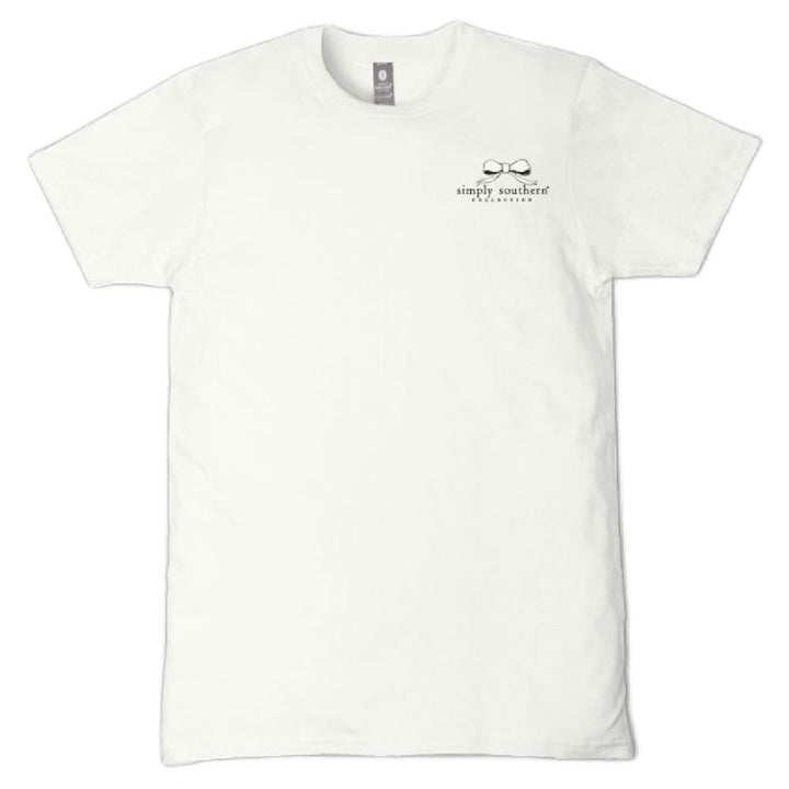  Front view oyster white dog mom shirt with Simply Southern bow logo women's graphic tee
