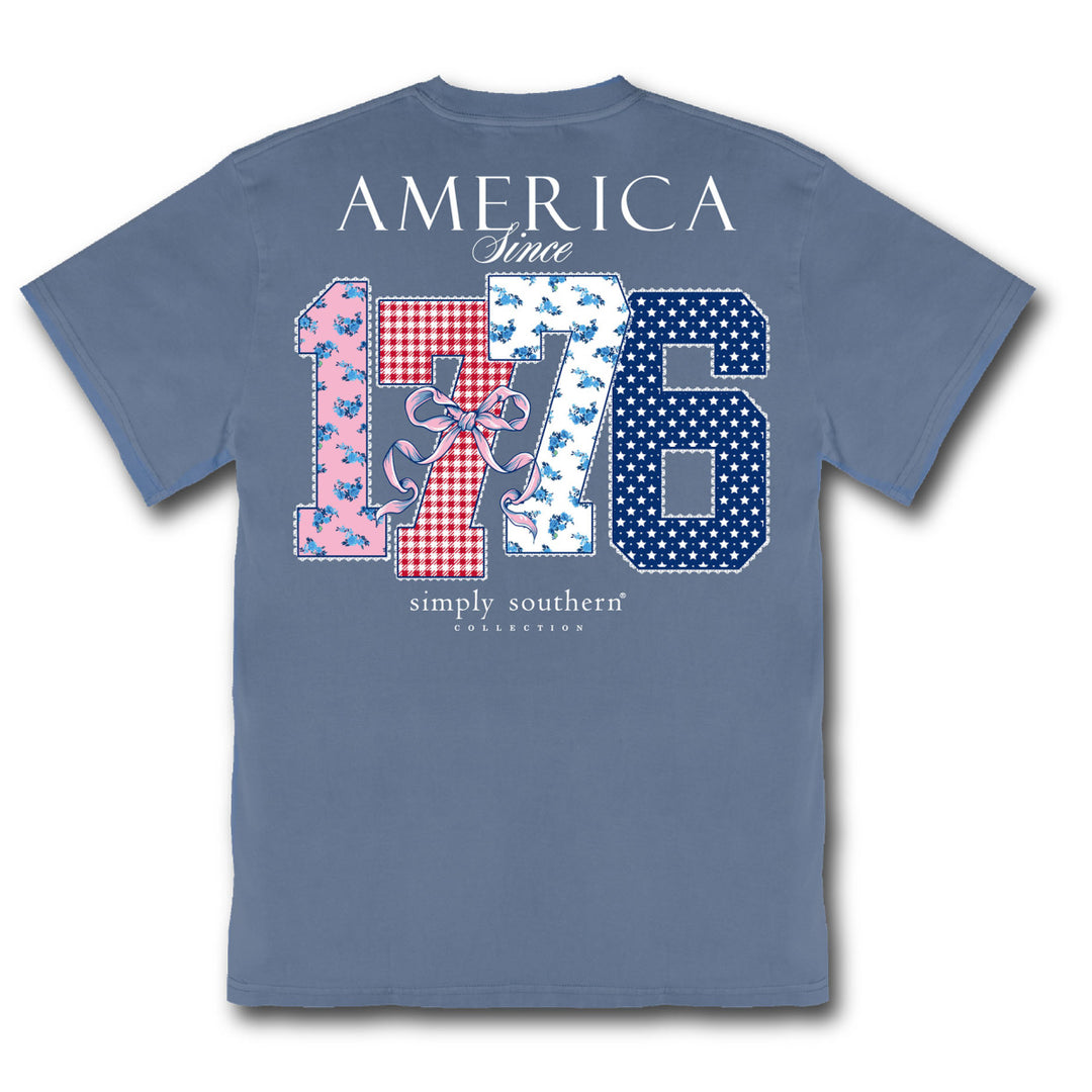 Back of Simply Southern Fourth of July shirt showing America Since 1776 graphic with gingham and floral patterns