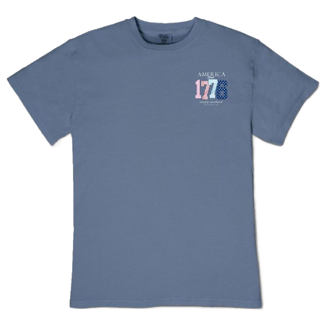 Front view of Simply Southern America Since 1776 Fourth of July t-shirt in overcast blue