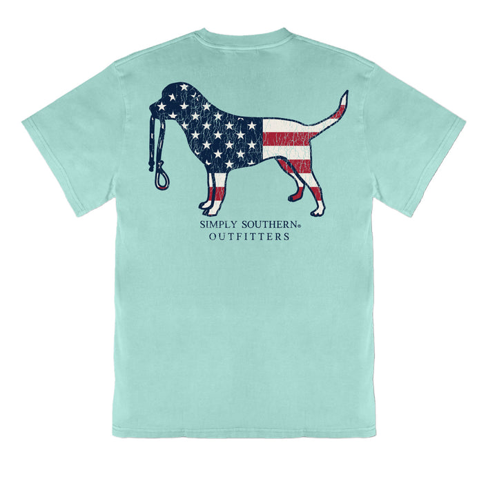 Back of Simply Southern men's t-shirt showing American flag dog silhouette graphic