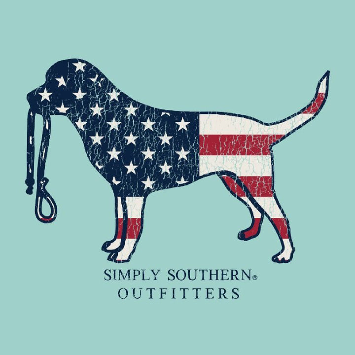 Close-up of Simply Southern American flag dog graphic detail on mineral wash tee