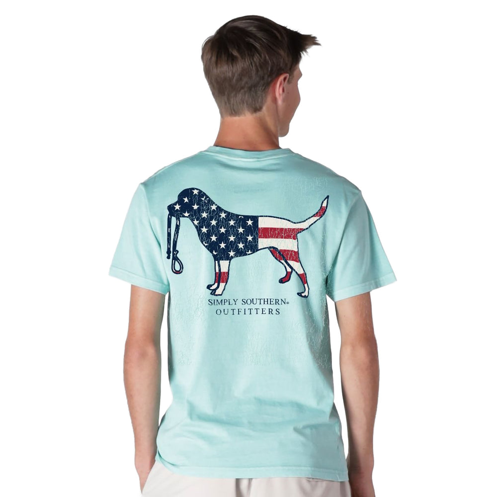Man wearing Simply Southern mineral wash t-shirt with American flag dog graphic