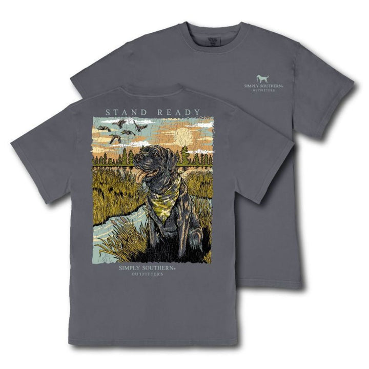 Simply Southern Gray t-shirt with a graphic of a hunting dog in marsh with birds overhead.