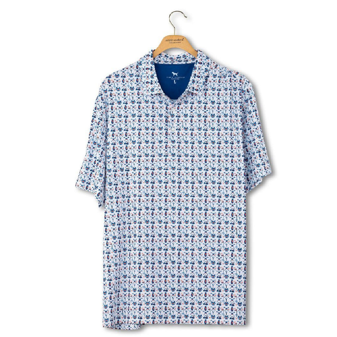 Simply Southern men's golf polo in white showing USA eagle and golf club print for patriotic celebrations