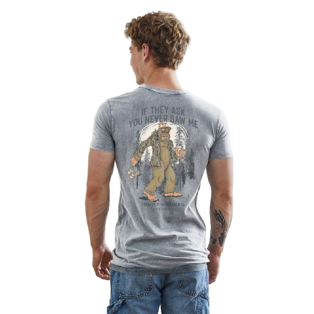Man wearing Simply Southern Bigfoot graphic tee in mineral washed gray