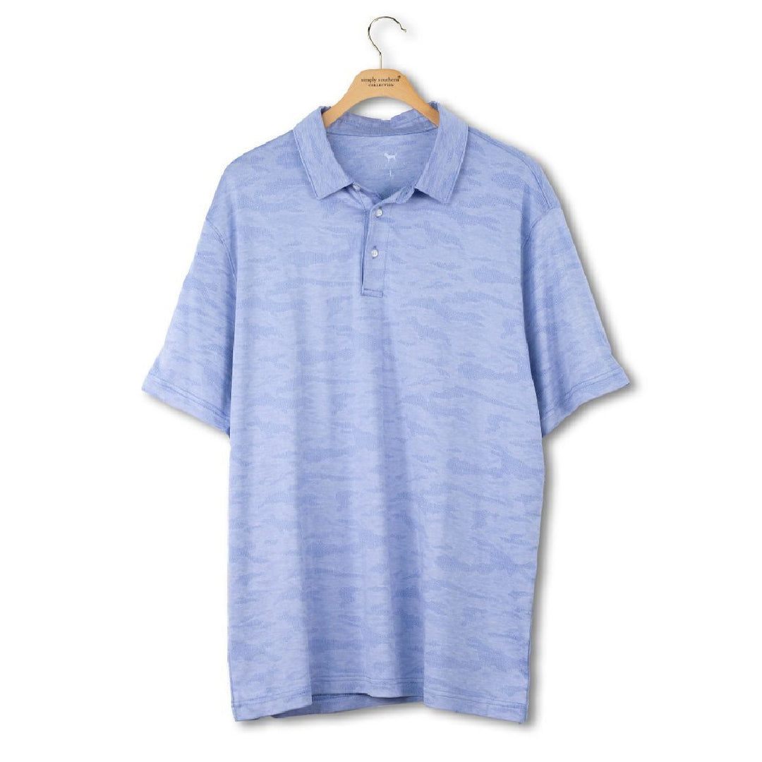 Men's blue polo shirt with jacquard camo print, button collar, and short sleeves by Simply Southern