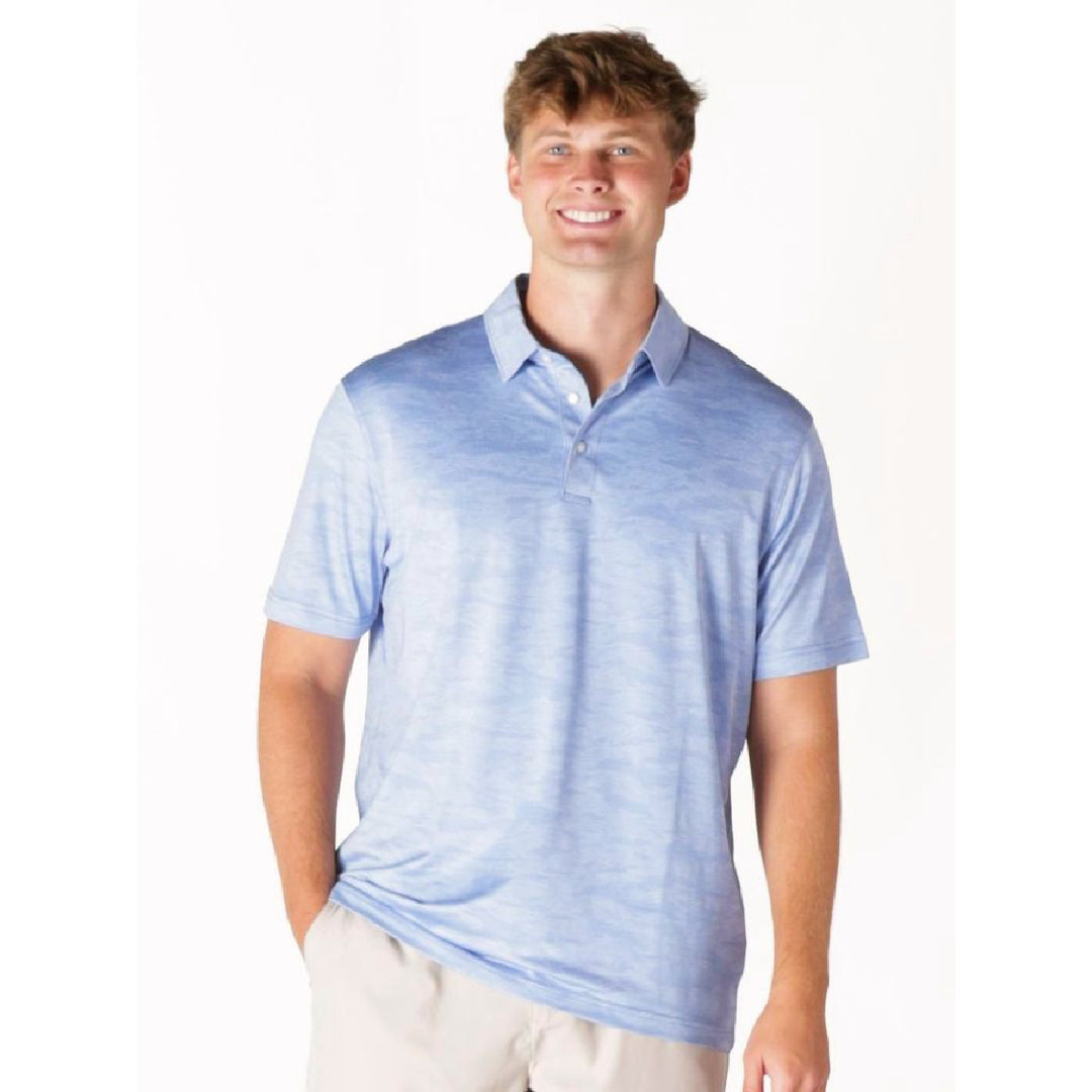 Man wearing tone on tone blue camo polo shirt