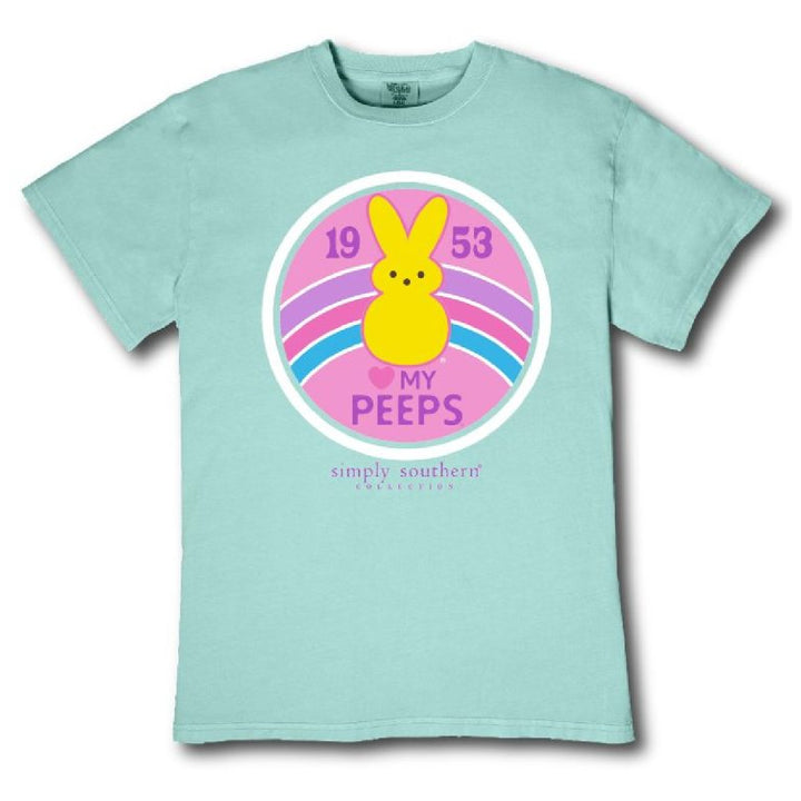 Simply Southern Peeps Easter t-shirt in mint green with retro rainbow bunny graphic