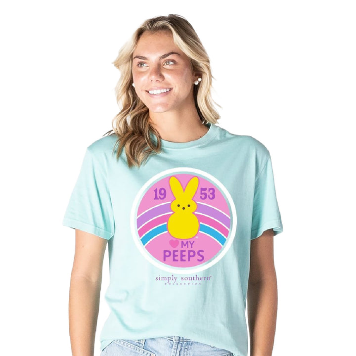 Woman wearing Simply Southern mint green Peeps Easter graphic tee