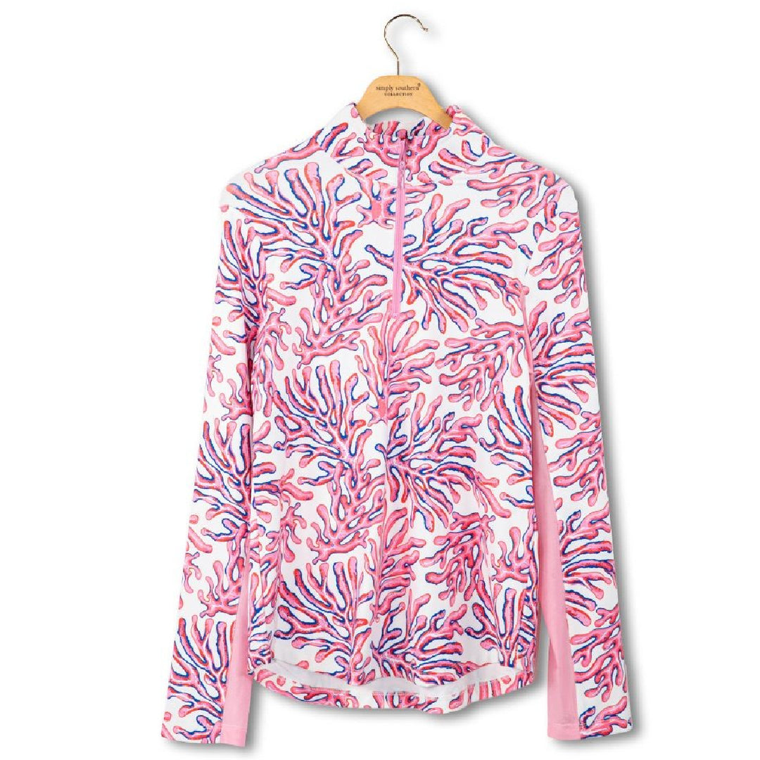 Simply Southern UPF 50 women's quarter-zip pullover with pink and blue coral pattern
