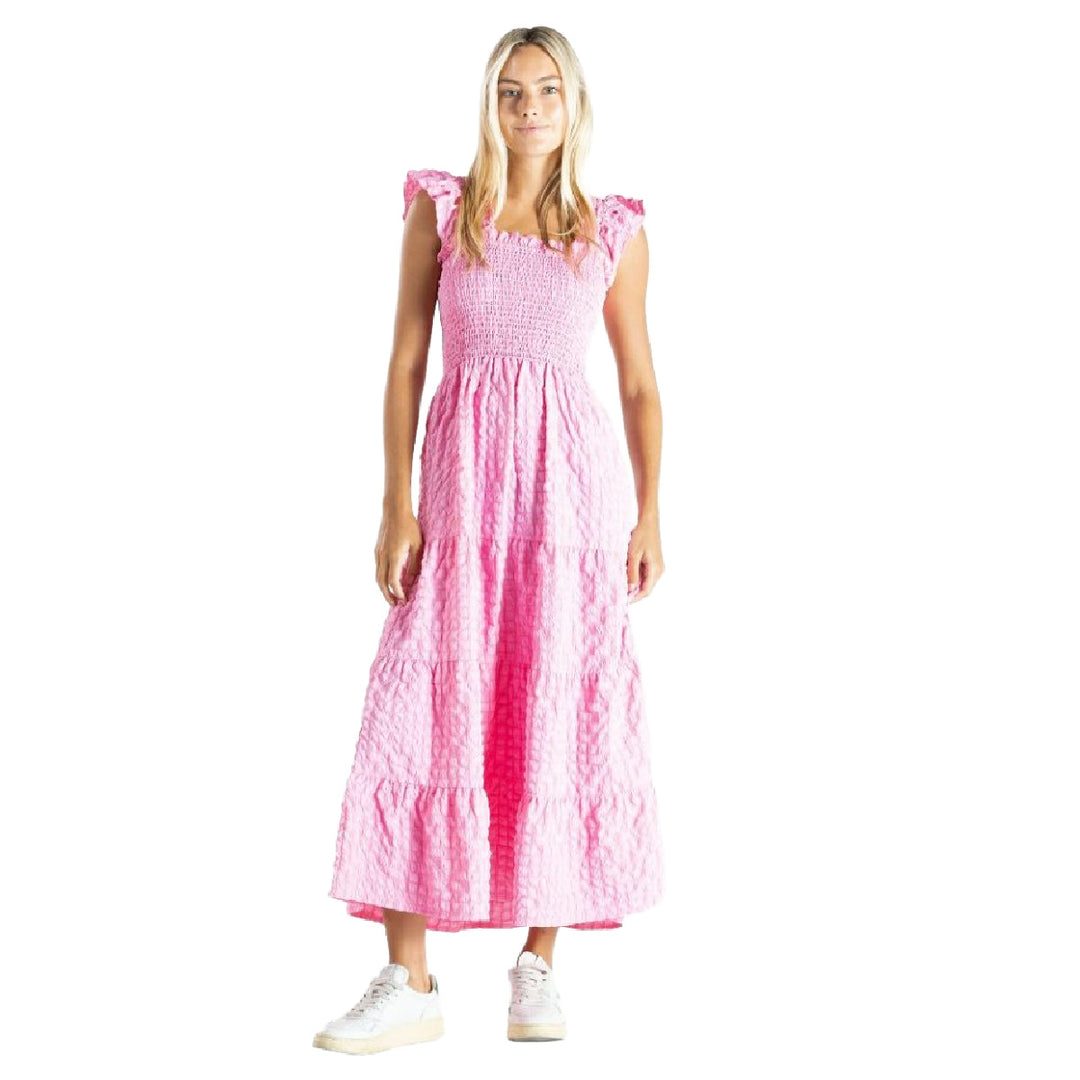 Woman wearing Simply Southern Pink Textured Ruffle Sleeve Maxi dress on a white background