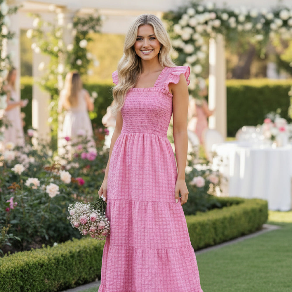 Young woman wearing pink sleeveless maxi dress at outdoor spring wedding