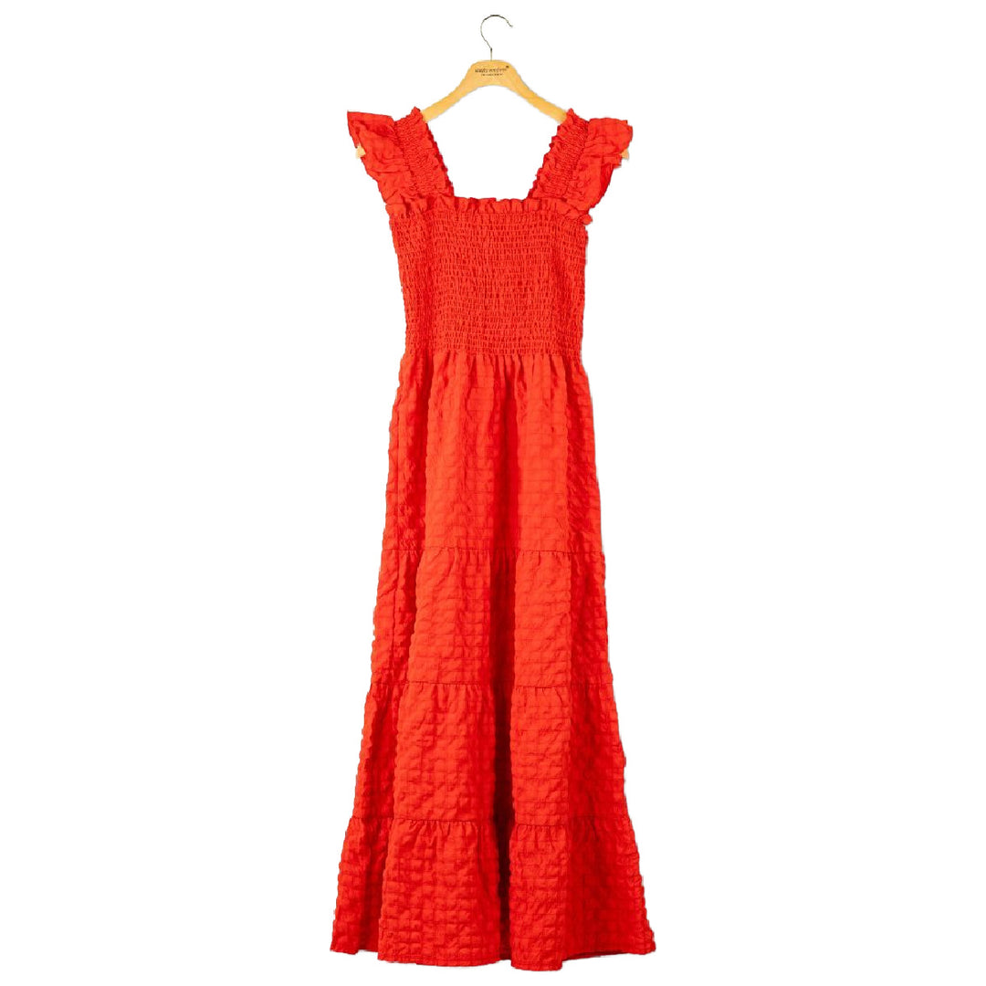 Red maxi dress with smocked bodice, ruffle shoulders, and tiered skirt by Simply Southern