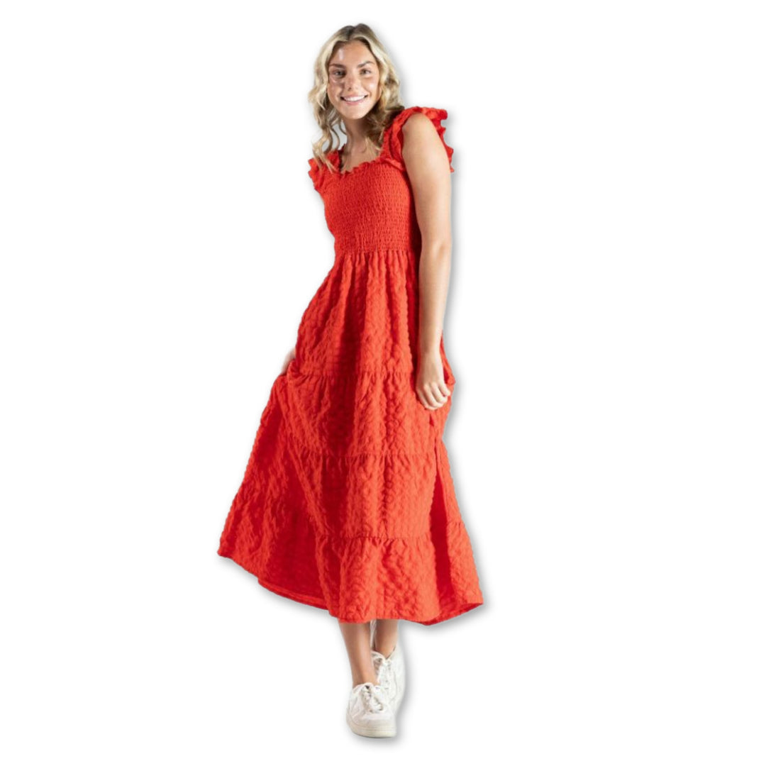 Woman wearing Simply Southern Red Tiered Maxi Dress