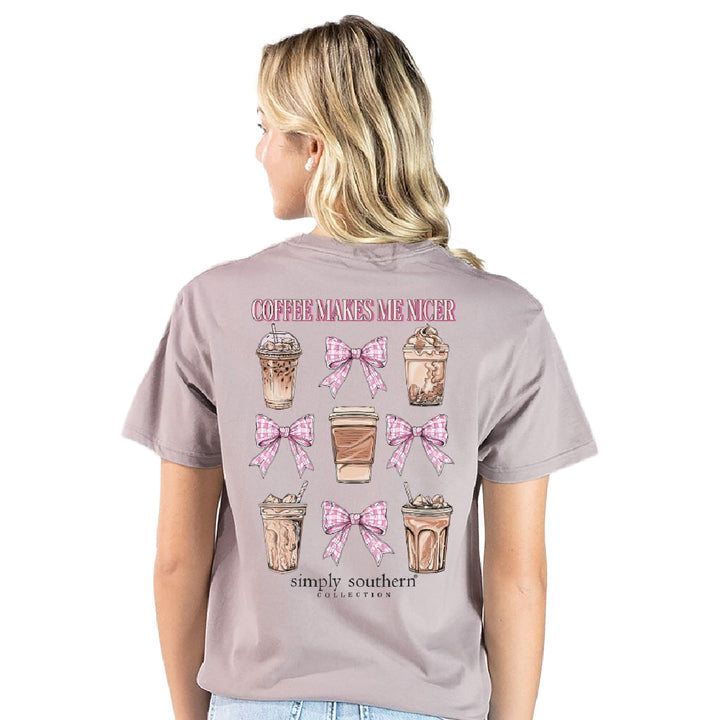 Woman wearing Simply Southern Coffee Makes Me Nicer t-shirt in driftwood 
