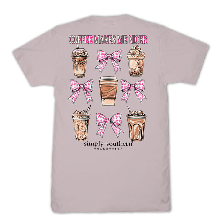Back of Simply Southern coffee lover t-shirt showing Coffee Makes Me Nicer graphic with iced coffee cups