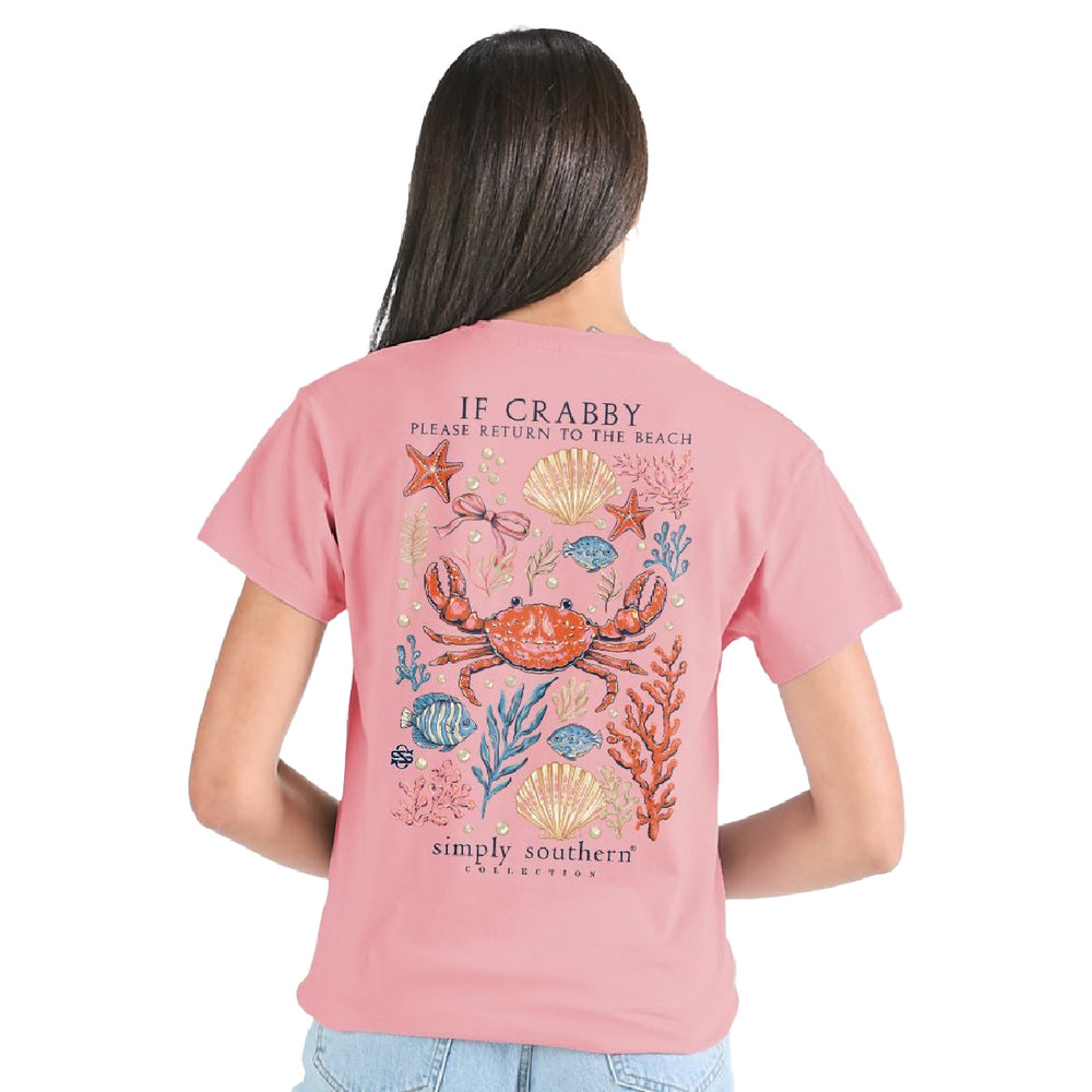 Woman wearing Simply Southern funny beach shirt with If Crabby Return to Beach graphic