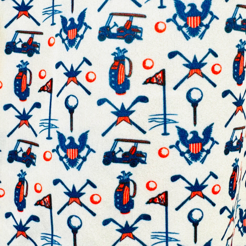 Closeup detail of Simply Southern golf polo showing red white and blue eagle print detail for 4th of July
