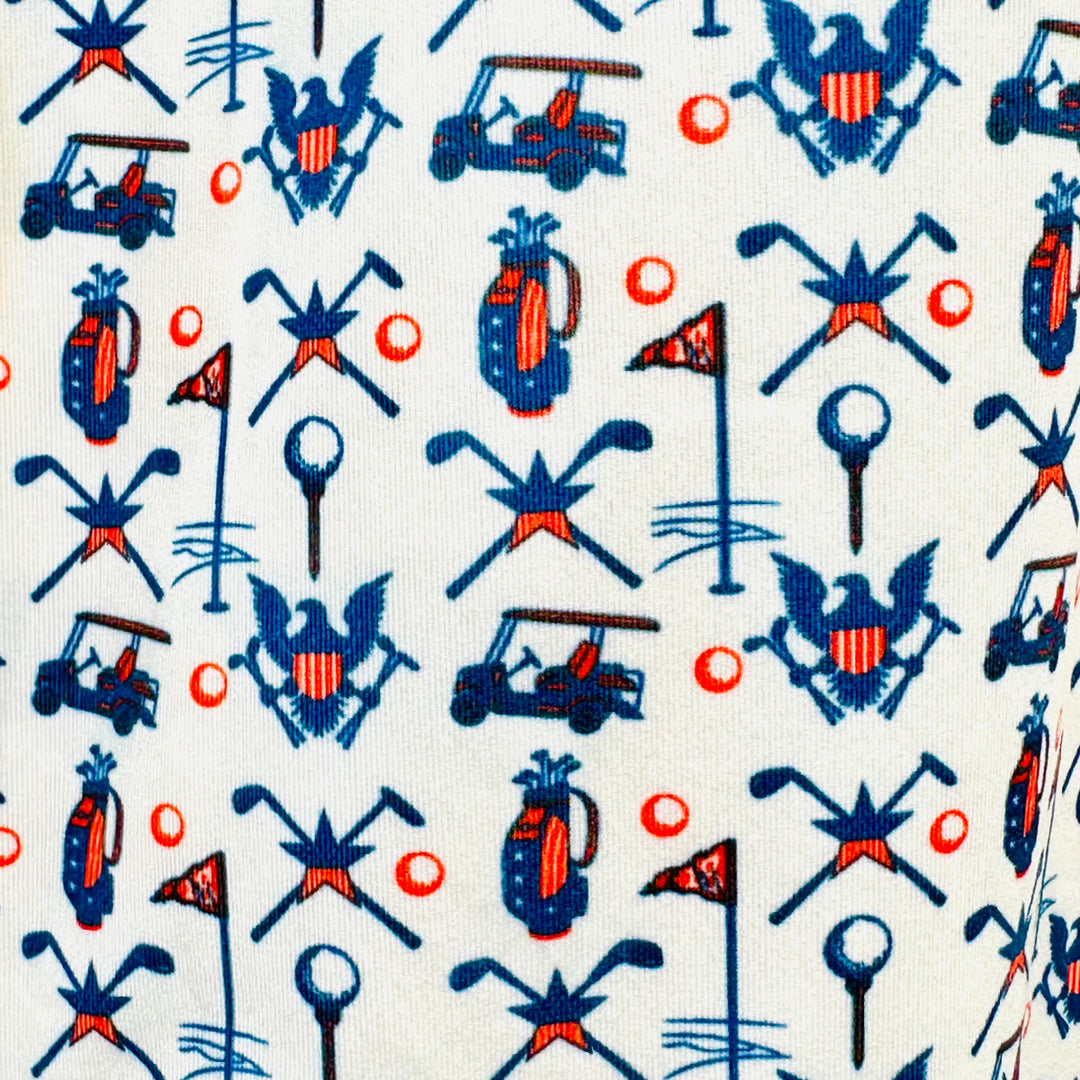 Closeup detail of Simply Southern golf polo showing red white and blue eagle print detail for 4th of July