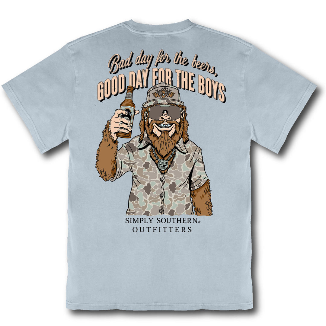 Back of ashen gray Simply Southern tee showing Sasquatch in camo holding beer bottle graphic