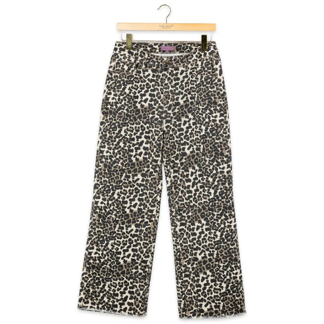 Simply Southern Leopard print straight leg jeans with button and zipper closure and  5 pockets