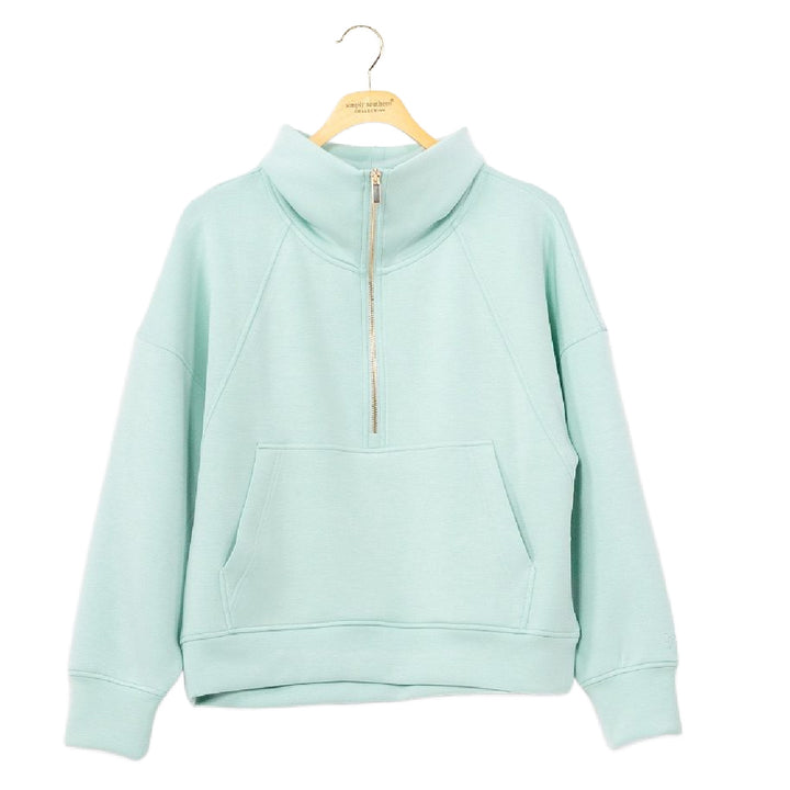 Simply Southern Harbor mint green half-zip sweatshirt with a mock neck, kangaroo pocket, and gold zipper pull