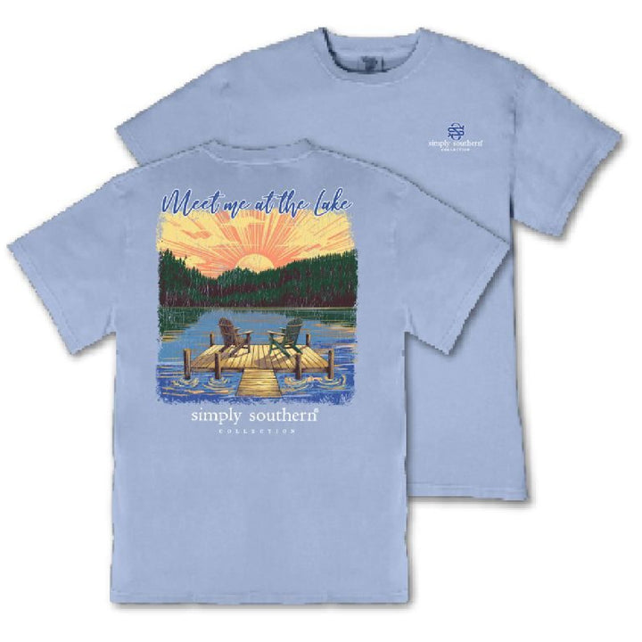 Meet Me at the Lake graphic on faded blue mineral wash women's crew neck tee by Simply Southern