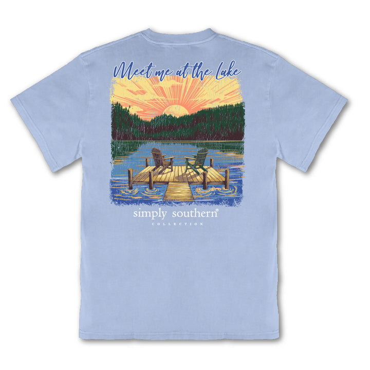 Back of faded blue Simply Southern tee showing Meet Me at the Lake sunset dock scene graphic