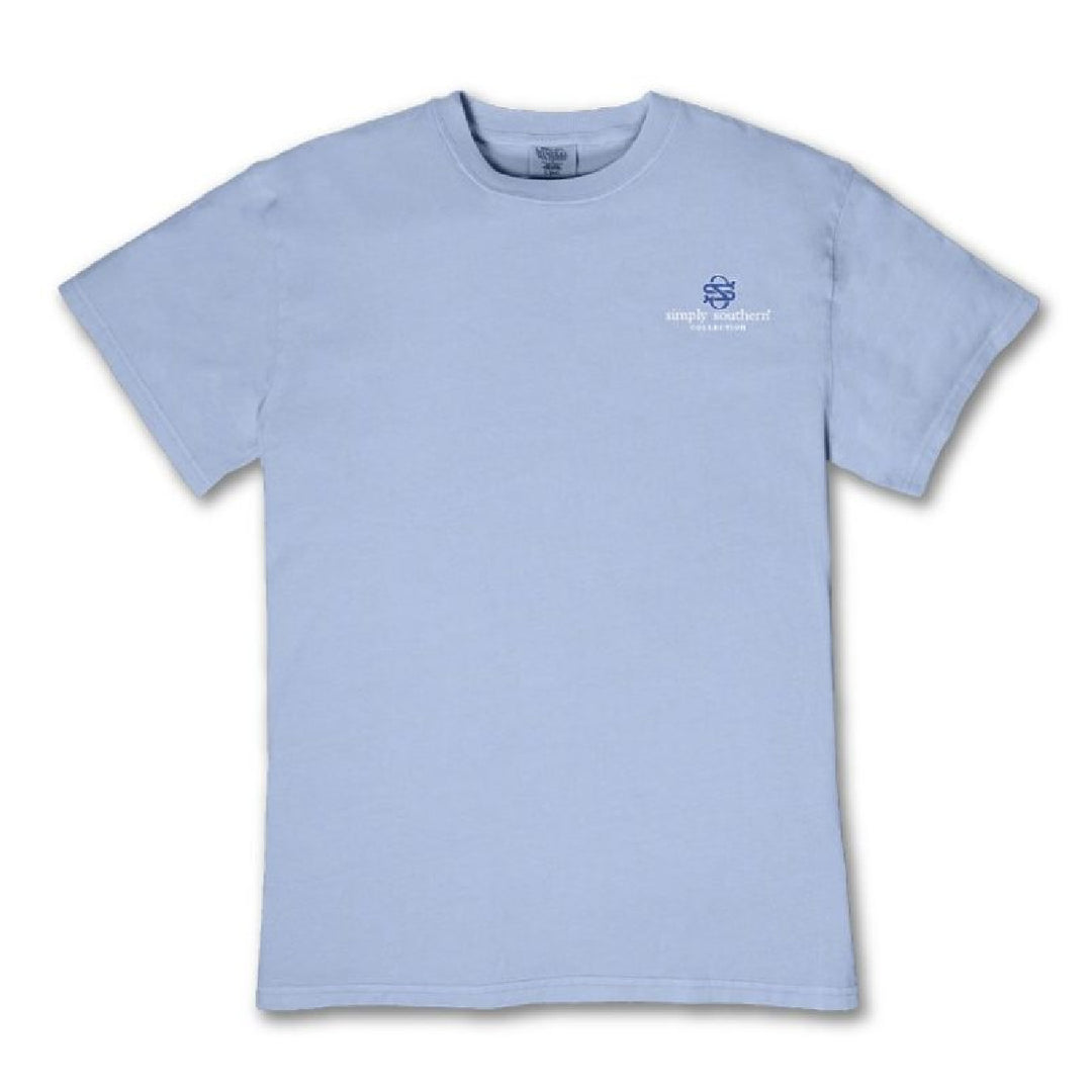 Front of faded blue Simply Southern Meet Me at the Lake mineral wash crew neck tee