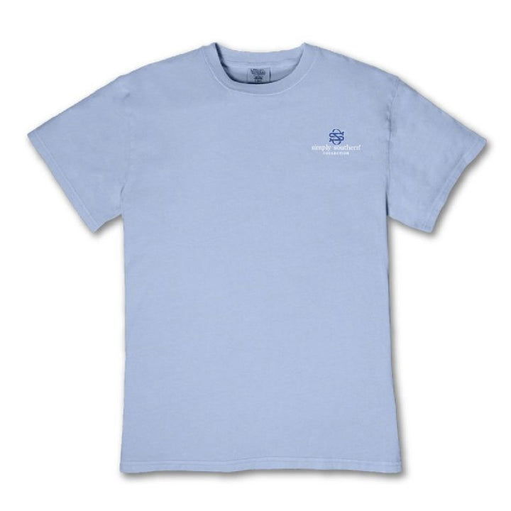 Front of faded blue Simply Southern Meet Me at the Lake mineral wash crew neck tee