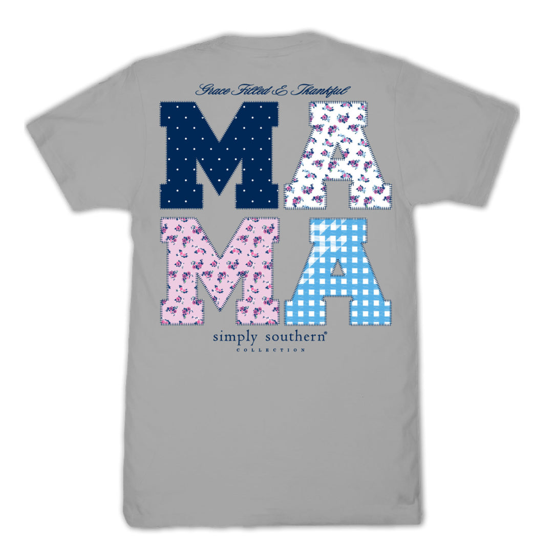 Back of gray Simply Southern Mama tee showing quilted Mama letters