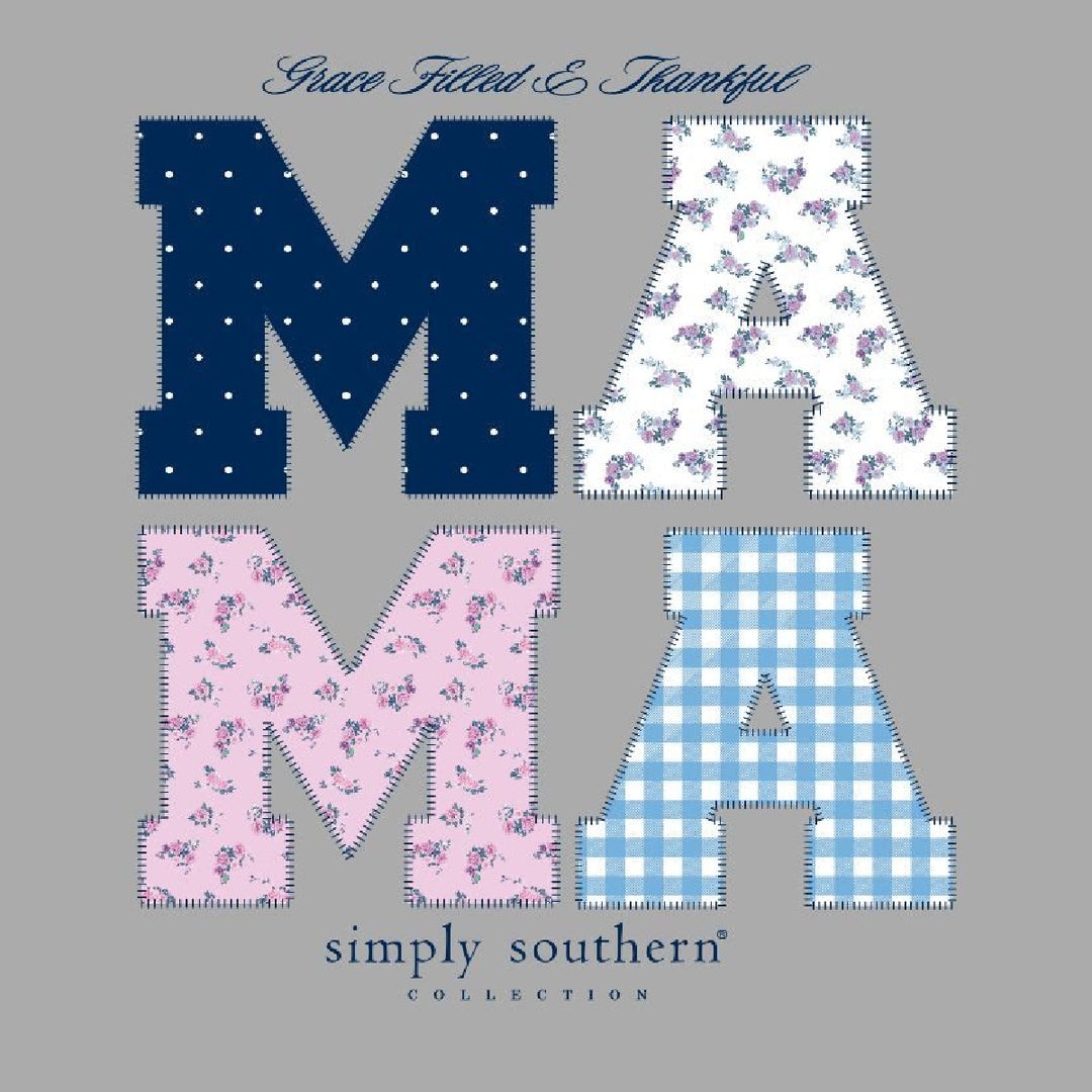 Close-up of quilted patchwork MAMA lettering with polka dot floral and gingham fabric blocks