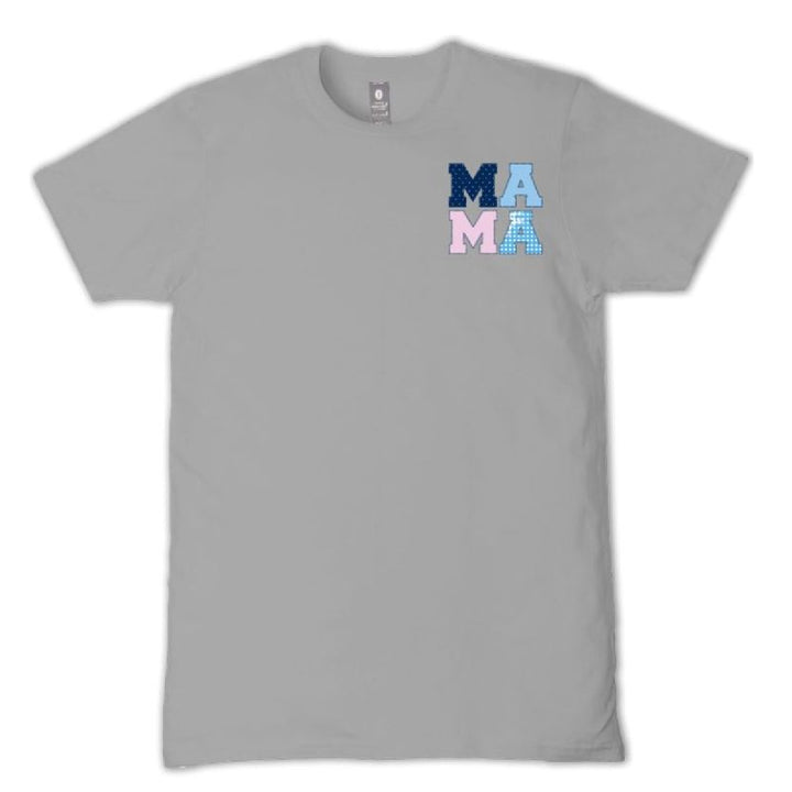Front of lunar gray Simply Southern Mama graphic tee with stacked Mama word
